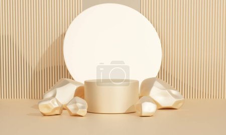 Photo for 3D render gold color background with geometric shapes, pedestal empty with rock stones, circle wall shape, platform display branding abstract composition for stage product presentation, copy space - Royalty Free Image