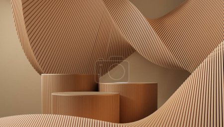 Photo for 3d rendering abstract three brown podium minimal background with geometric shapes circle, pedestal on one floors wave curved wall display platform for product cosmetics presentation, copy space - Royalty Free Image