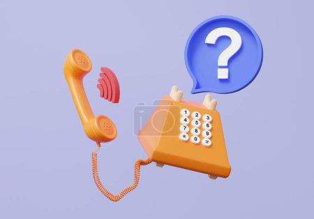 Ein orangefarbenes Telefon-Fragezeichen im Retro-Look schwebt auf lila Hintergrund. Fragen FAQ Antwort Lösungsinformationen Operator Hilfe Chat-Kontakt, Unterstützung Berater Talk-Konzept. 3D-Renderelement