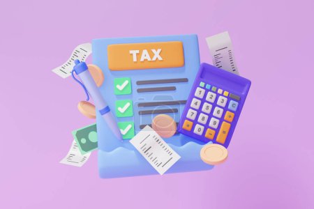 Photo for Checklist calculate bill tax payment on clipboard paper. calculator coins, financial learning information business financial document correct mark floating on purple background. 3d render illustration - Royalty Free Image