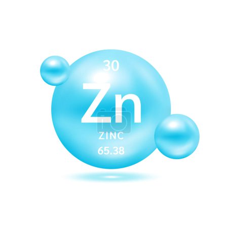 Molécula de zinc modelos azul y fórmulas químicas elemento científico. Gas natural. Ecología y bioquímica. Esferas aisladas sobre fondo blanco. Ilustración vectorial 3D.