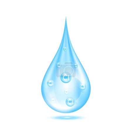 Cloro dentro de la gota de agua desinfección purificación de agua limpia. Icono de agua aislado sobre fondo blanco. Concepto de investigación y análisis microbiológico. Ilustración vectorial 3D.