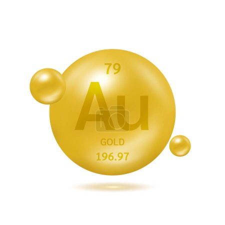 Gold molecule models and chemical formulas scientific element. Natural gas. Ecology and biochemistry concept. Isolated spheres on white background. 3D Vector Illustration.