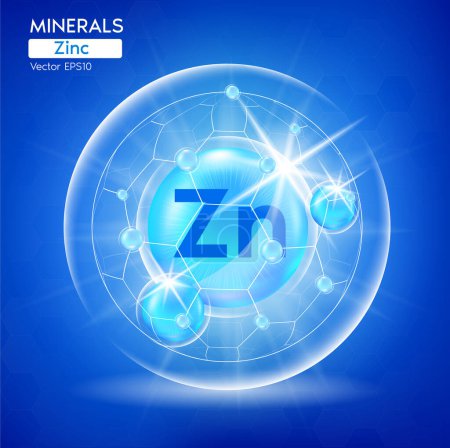 Illustration for Minerals Zinc for health. Pharmaceutical template capsule with minerals blue. Scientific research medical and dietary supplement health care concept. 3D Vector EPS10 - Royalty Free Image