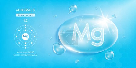 Illustration for Drop water minerals magnesium blue. Minerals complex with chemical formula from nature. Nutrition healthy food supplement design. Medical and scientific concepts. 3D Realistic Vector EPS10. - Royalty Free Image