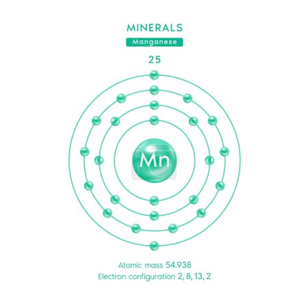 Ilustración de Símbolo electrón diagrama verde 3d. Minerales elemento químico de manganeso y número atómico. Elemento químico de la tabla periódica. Conceptos científicos. Vector EPS10. - Imagen libre de derechos