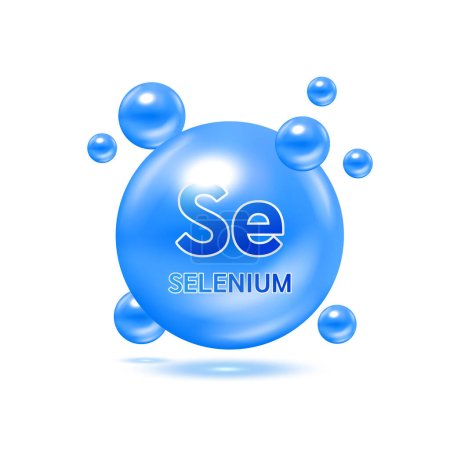 Minéraux Sélénium et vitamines pour la santé. Complément médical et alimentaire concept de soins de santé. Illustration vectorielle EPS10. Icône 3D bleu isolé sur fond blanc.