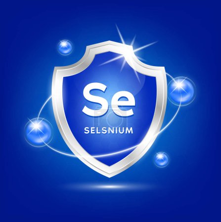 Minerals selenium shield with blue atom and vitamins complex. Protect the body stay healthy. For nutrition products food. Medical scientific concepts. Icon 3d vector illustration.