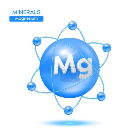 Minerales átomo de magnesio rodeado de electrones azules. Icono 3D aislado sobre un fondo blanco. Conceptos científicos médicos. Ilustración 3D Vector EPS10.