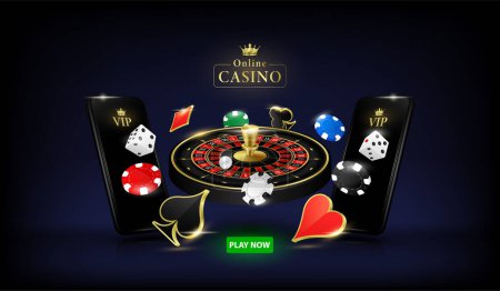 Juegos de ruleta, fichas de póquer y dados flotan lejos del teléfono inteligente. Diseño de banner de sitio web juego de casino en línea con espacio de copia para texto. Cartel de fondo para la publicidad 3D vector realista.