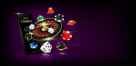 Illustration for Games roulette, poker chips and dice float away from smartphone. Website banner design online casino gambling with copy space for text. Background poster to advertising 3D realistic vector. - Royalty Free Image
