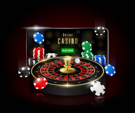 Online casino on mobile. Games roulette poker chips and smartphone. On black red background. Internet gambling concept. 3D realistic vector.