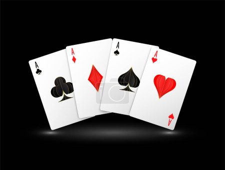 Poker cards symbol. Four aces of diamonds clubs spades and hearts fly. Red and black colors. Icon isolated on solid background. Online casino gambling concept. Vector illustration.