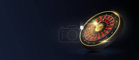 Illustration for Website banner design online casino with copy space for text. Casino roulette wheel float isolated on black background. Online poker gambling concept. Poster to advertising 3D realistic vector. - Royalty Free Image