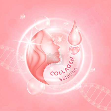 Illustration for Pink Collagen solution serum drop, cosmetic advertising background ready to use, hyaluronic acid skin care ad. 3D vector EPS10. - Royalty Free Image