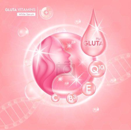Glutatión rosa solución suero gota y vitaminas, publicidad cosmética fondo listo para usar, ácido hialurónico cuidado de la piel anuncio. Vector 3D EPS10.
