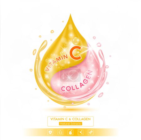 Illustration for Vitamin C and Collagen solution serum. Natural extracts. Isolated on white background. Active ingredient nurture deep into skin moisturizing close up. Ad design beauty treatment nutrition skincare. Realistic 3D vector. - Royalty Free Image