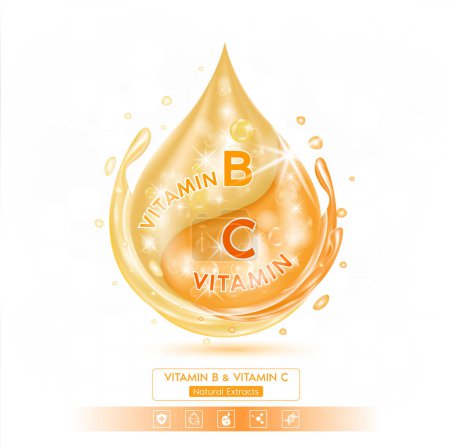 Illustration for Drop orange Vitamin C and Vitamin B solution serum. Natural extracts. Isolated on white background. Active ingredient nurture deep into skin moisturizing close up. Ad design beauty treatment nutrition skincare. Realistic 3D vector. - Royalty Free Image