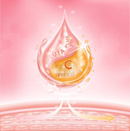 Ilustración de Gota de suero de solución de glutatión rosa suero y vitamina C penetran en la piel, haciendo que la piel húmeda y tener aura. Cuidado de la piel y productos de belleza crema cosmética tipo loción. Ilustración 3D Vector EPS10. - Imagen libre de derechos