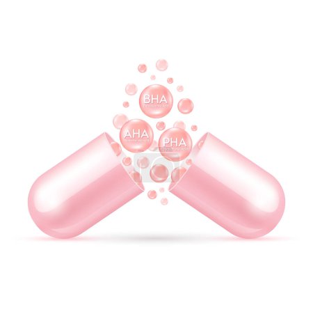 Illustration for Serum capsule. Alpha Hydroxy Acid (AHA), Beta Hydroxy Acid (BHA) and Polyhydroxy Acids (PHA). Acid toner and serum pink. Use for face skin rejuvenation, beauty products medical concepts. 3D Vector. - Royalty Free Image