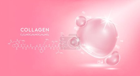 Illustration for Drop water collagen pink and structure. Vitamin solution complex with Chemical formula from nature. Beauty treatment nutrition skin care design. Medical and scientific concepts. 3D Realistic Vector EPS10. - Royalty Free Image