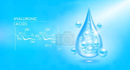 Illustration for Drop water hyaluronic acid blue and structure. Vitamin solution complex with Chemical formula. Beauty treatment nutrition skin care design. Medical and scientific concepts. 3D Realistic Vector EPS10. - Royalty Free Image