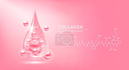 Drop water collagen pink  and structure. Vitamin solution complex with Chemical formula. Beauty treatment nutrition skin care design. Medical and scientific concepts. 3D Realistic Vector EPS10.