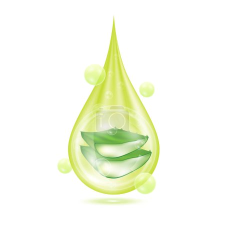 Drop serum aloe. Vitamin collagen anti aging serum. Natural skincare cosmetic. Water droplets green with oxygen bubbles isolated on white background. Realistic 3d vector.