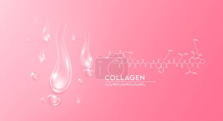 Illustration for Drop water collagen pink  and structure. Vitamin solution complex with Chemical formula. Beauty treatment nutrition skin care design. Medical and scientific concepts. 3D Realistic Vector EPS10. - Royalty Free Image