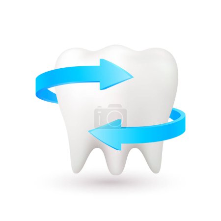 Two arrows blue circulating around tooth. Teeth cleanliness for children dental clinic design. Dental hygiene concept. Isolated on white background. Icon 3d vector EPS10 illustration.