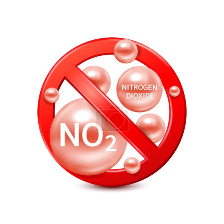 Illustration for Prohibiting emissions Nitrogen Dioxide NO2 red sign. isolated on white background. Air pollution emissions contamination with industrial pipes. Prohibition symbol icon 3D vector EPS10 Illustration. - Royalty Free Image