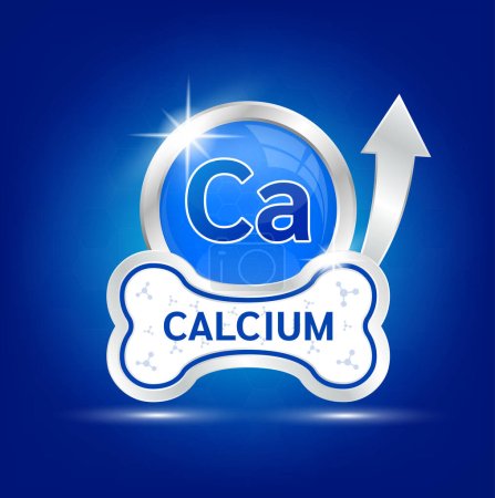 Téléchargez les illustrations : Étiquette aluminium argent calcium Ca. Aliments vitamines minéraux logo produits modèle de conception en forme d'os. concepts de compléments alimentaires médicaux. Vecteur EPS10. Isolé sur un fond bleu. - en licence libre de droit