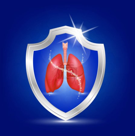 Healthy lungs anatomy in shield aluminum. Foods vitamins minerals. Label logo products template design. Medical food supplement concepts. 3D Realistic Vector EPS10.