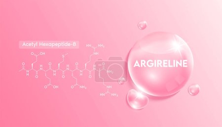 Argirelina (acetil hexapeptide-3) y estructura. Solución de colágeno hidratante en forma de gota de agua rosada. Tratamiento de belleza nutrición cuidado de la piel diseño. Conceptos médicos. Vector realista 3D.