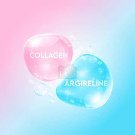 Argirelina (acetil hexapeptide-3) y colágeno rosa para el cuidado de la piel. Vitaminas complejo hidratante de la naturaleza burbuja de oxígeno. Tratamiento de belleza nutrición cuidado de la piel diseño. Conceptos médicos. Vector 3D.