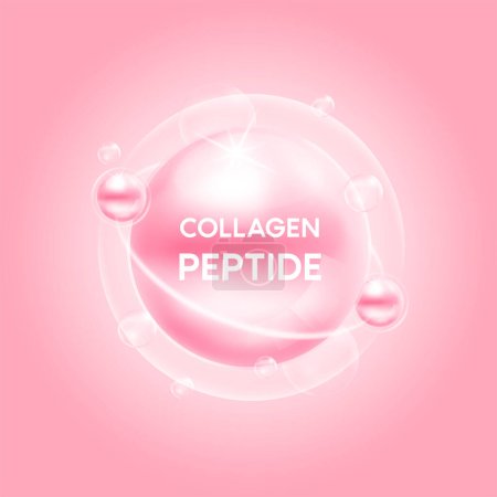 Illustration for Collagen peptide pink and bubble oxygen serum chemical formula. Beauty treatment nutrition skincare design. Medical and scientific concepts. 3D Vector EPS10. - Royalty Free Image