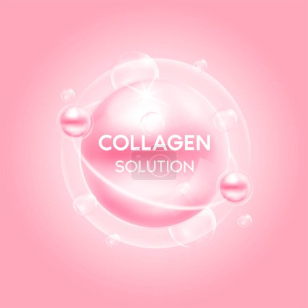 Illustration for Collagen solution pink. Gluta vitamins complex and bubble oxygen serum chemical formula. Beauty treatment nutrition skincare design. Medical and scientific concepts. 3D Vector EPS10. - Royalty Free Image