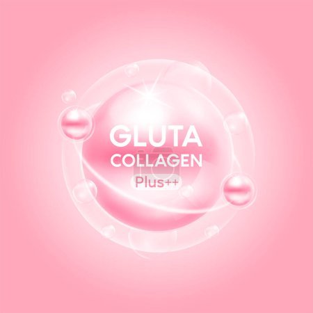 Illustration for Gluta Collagen plus solution pink. Vitamins complex and bubble oxygen serum chemical formula. Beauty treatment nutrition skincare design. Medical and scientific concepts. 3D Vector EPS10. - Royalty Free Image