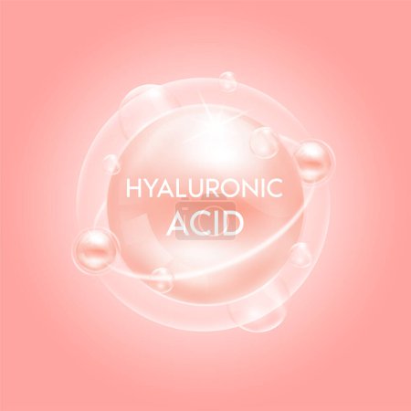 Illustration for Hyaluronic Acid solution. Collagen vitamins complex cream and bubble oxygen serum chemical formula. Beauty treatment nutrition skincare design. Medical and scientific concepts. 3D Vector EPS10. - Royalty Free Image