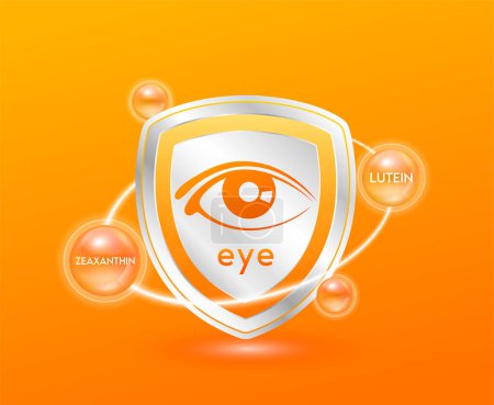 Eye icon in shield orange. Zeaxanthin and Lutein capsules around. Protect the eye stay healthy for good vision. For nutrition products to help improve eyesight. 3D Vector illustration.