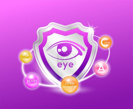 Illustration for Eye icon in shield purple. Vitamins Berry Fish oil Zeaxanthin and Lutein protect the eye stay healthy for good vision. For nutrition products to help improve eyesight. 3D Vector illustration. - Royalty Free Image