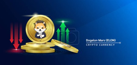 Dogelon Mars token cryptocurrency banner. Future currency on blockchain stock market with red-green arrows up and down. Gold coins crypto currencies. Banner for news on a blue solid background. 3D Vector.
