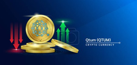 Qtum token cryptocurrency banner. Future currency on blockchain stock market with red-green arrows up and down. Gold coins crypto currencies. Banner for news on a blue solid background. 3D Vector.