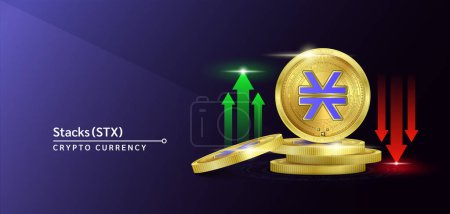 Stacks token cryptocurrency banner. Future currency on blockchain stock market with red-green arrows up and down. Gold coins crypto currencies. Banner for news on a purple solid background. 3D Vector.
