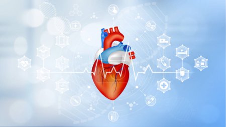 Corazón usando rayos X digitales de la proyección holográfica del escaneo del corazón humano representación 3D. Análisis de diagnóstico de iconos médicos en la red de interfaz de pantalla moderna. Concepto de tecnología médica. Vector.