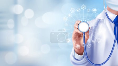 Medical examination diagnostic. Stethoscope medical network connection with modern virtual screen interface, medical technology network concept. blurred hospital background. Realistic 3D Vector. Poster 627027648