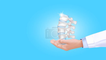 Illustration for Doctor hand holding knee joint with healthy cartilage front on blue background with copy space for text. Bone human skeleton anatomy of the body. Medical health care science concept. Realistic Vector - Royalty Free Image