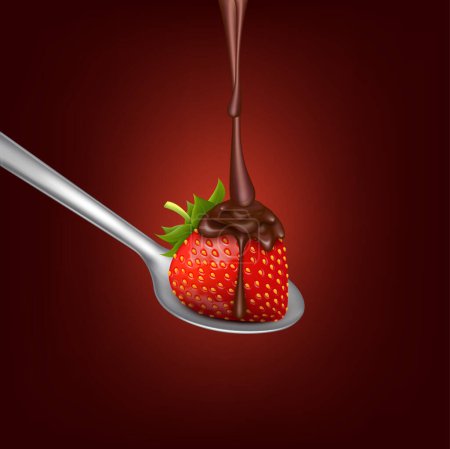 Illustration for Delicious fresh red strawberry with liquid chocolate lies on metal spoon. Dessert food appetizer isolated on solid background. Realistic 3D vector illustration. - Royalty Free Image