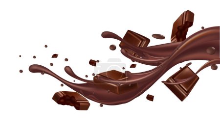 Chocolate liquid splashing flying. Dessert food appetizer isolated on white background. Realistic 3D vector illustration.