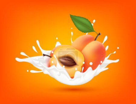 Illustration for Peach milk yogurt splashing isolated on orange background. Health concept. Realistic 3d vector illustration. Can used for product design advertising beverage and food products. - Royalty Free Image